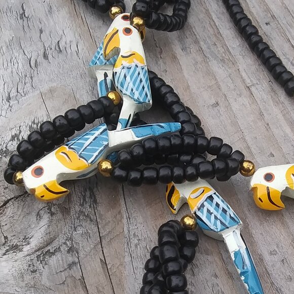 Vintage Hand Painted Wood Parrot Beaded Necklace  Fun Playful Boho Tropical - Picture 16 of 16